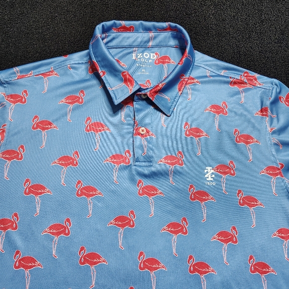 IZOD Men's XL Blue Polo Shirt Pink Flamingo Print Golf Stretch Short Sleeve - Picture 1 of 7